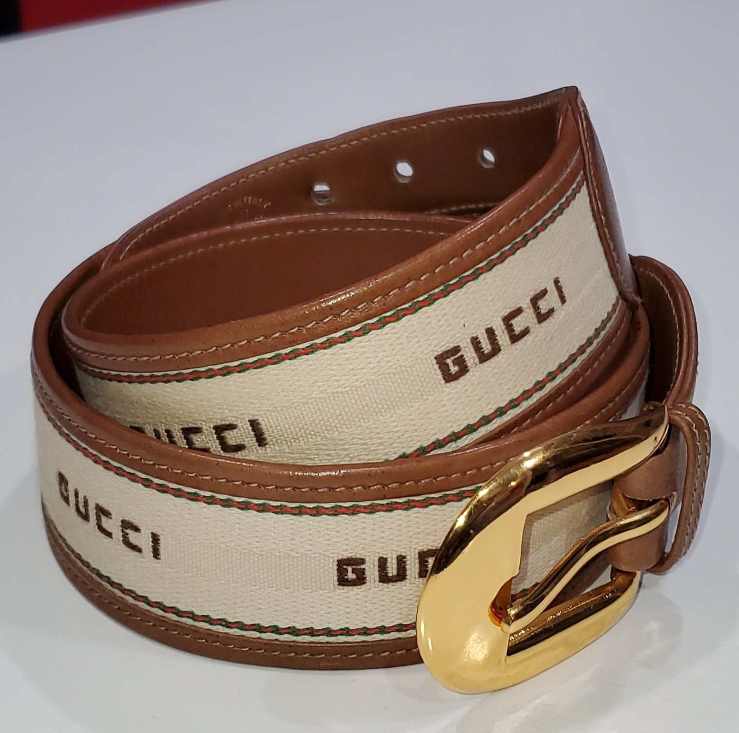 VINTAGE GUCCI FINDS — Vtg. Gucci Brown/White Leather/Cloth Belt