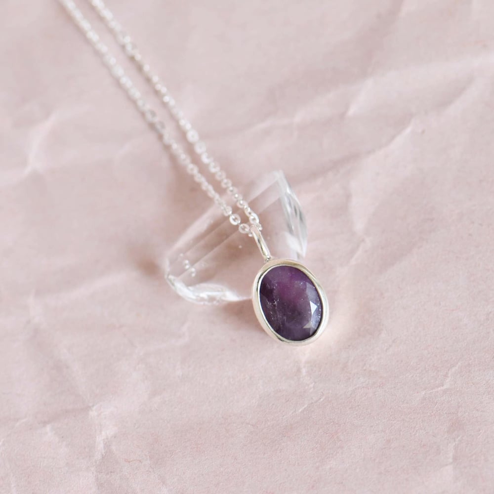 Image of Pinkish Sapphire oval cut silver necklace