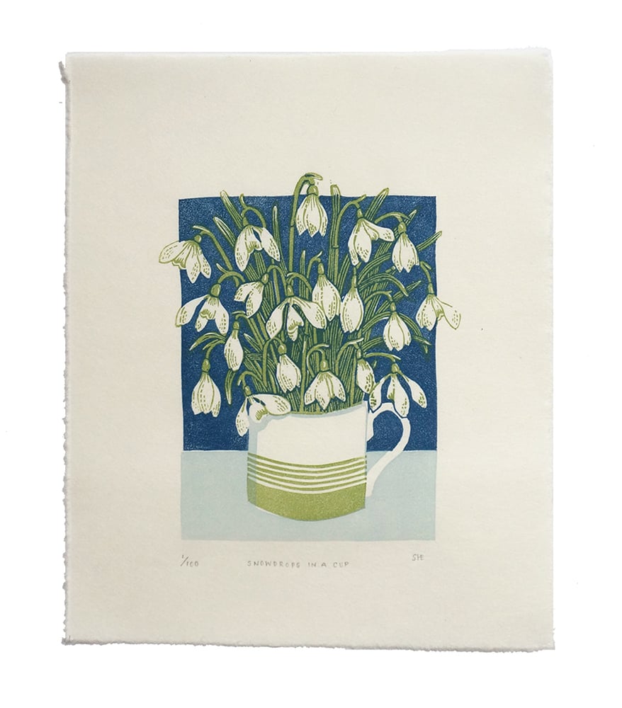 Image of Snowdrops in a Cup - Linocut