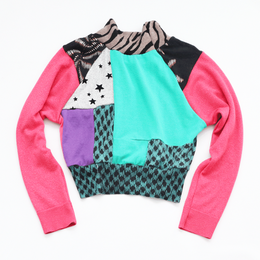 Image of sparkle patchwork pink courtneycourtney adult m/l medium large long sleeve raglan cropped sweater