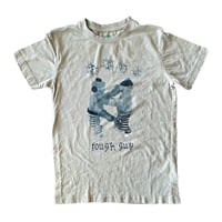 Em+Lu tough guy olive green tee with blue print