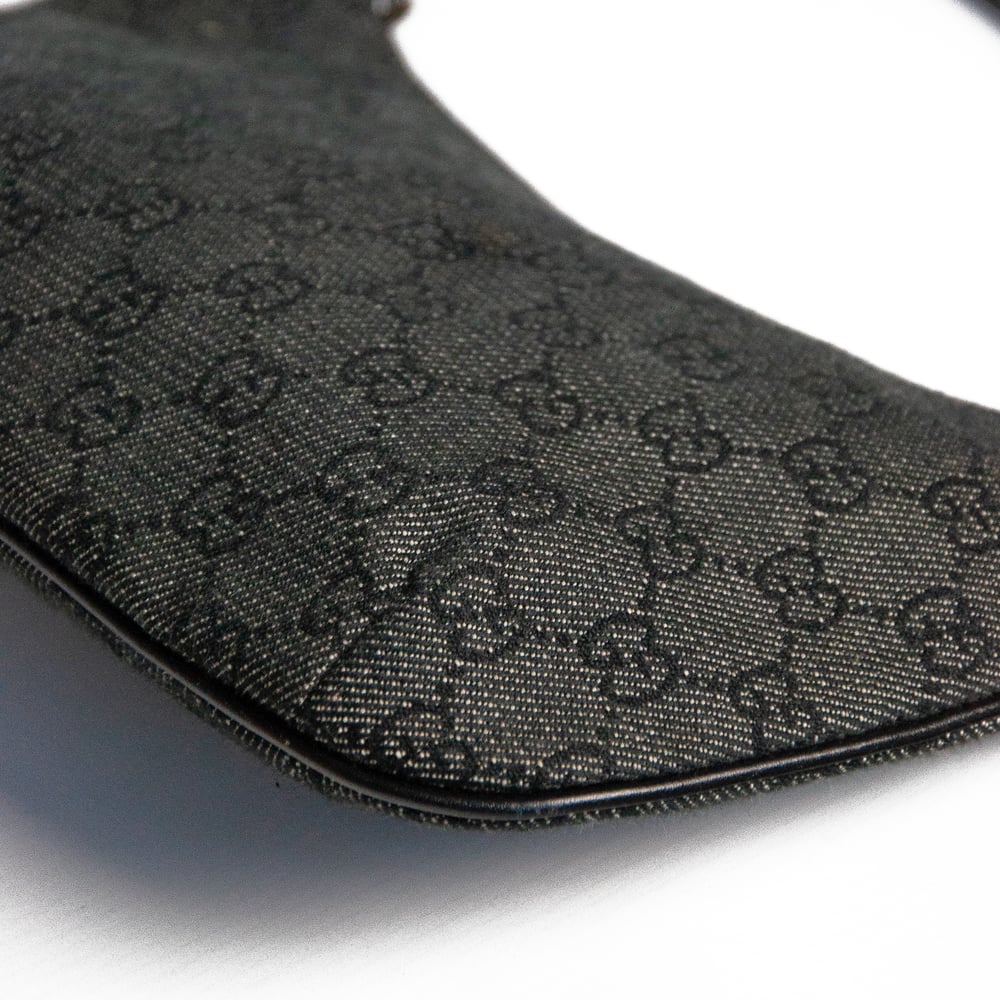 Image of Gucci Denim Monogram Half Moon Mini Shoulder Bag