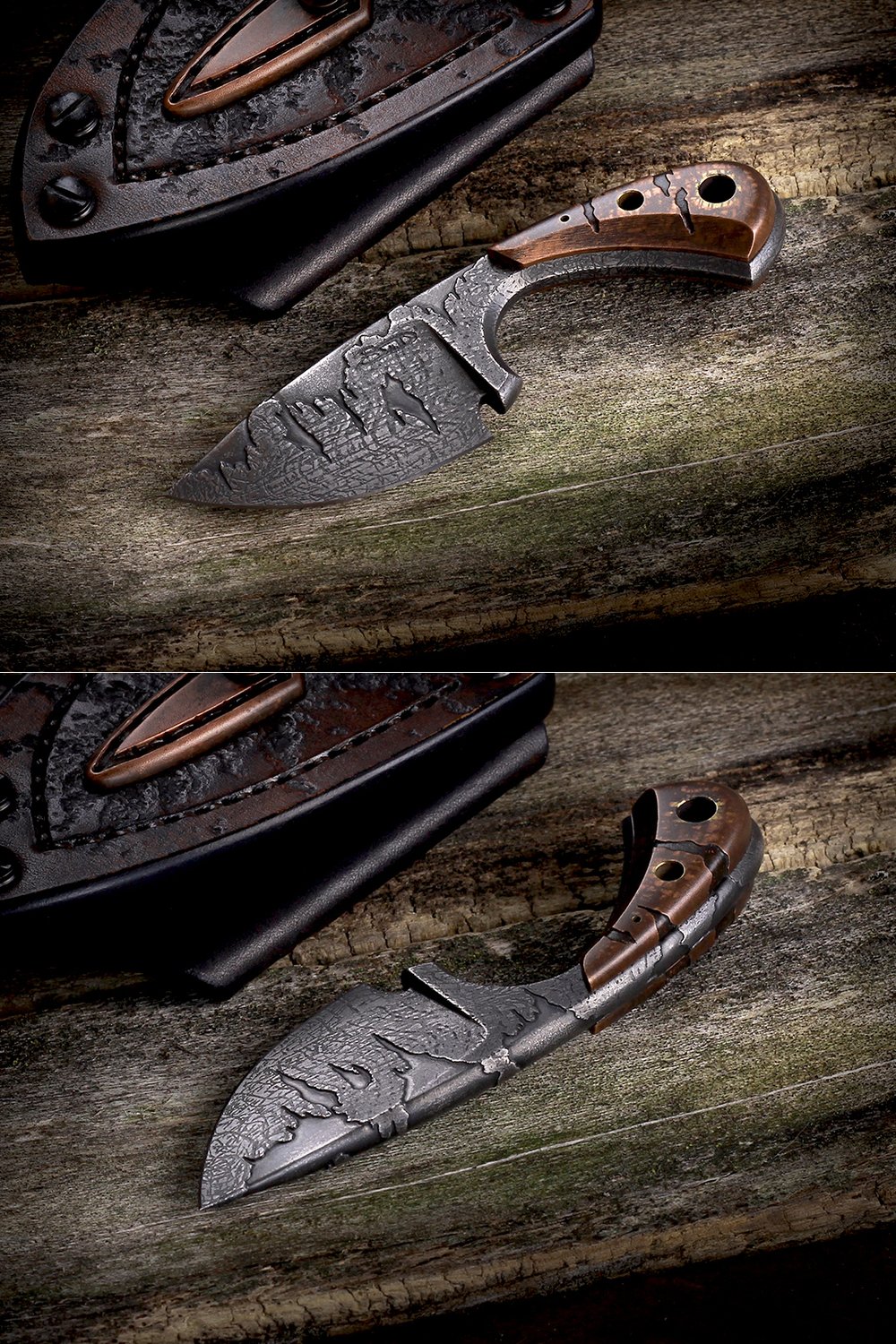 Mini Drop Point with Battle Worn Etch and Leather Sheath #459