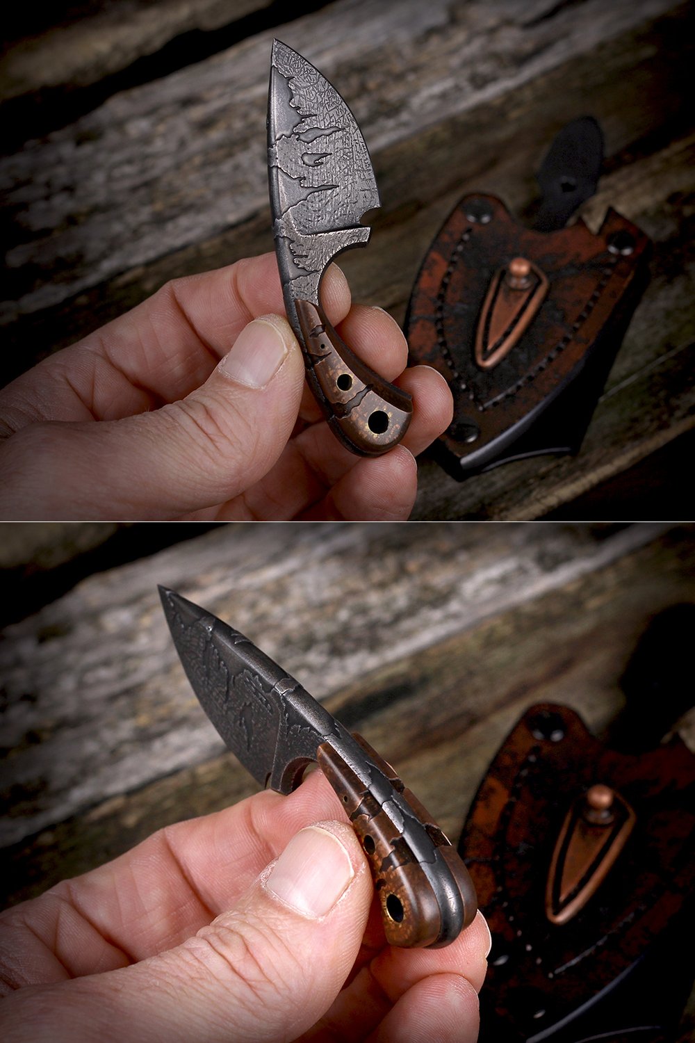 Mini Drop Point with Battle Worn Etch and Leather Sheath #459