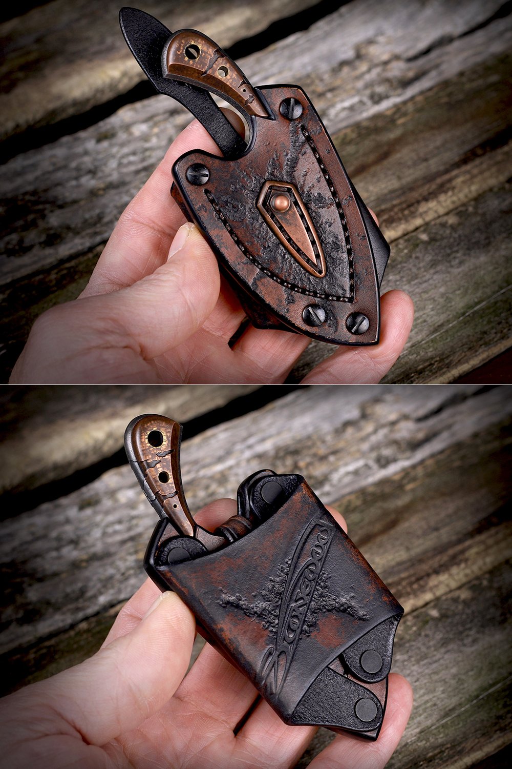 Mini Drop Point with Battle Worn Etch and Leather Sheath #459