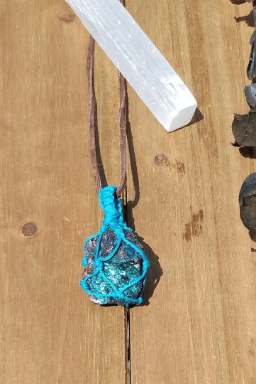 Image of Peacock Pendant, Peacock Ore, Macrame Crystal Necklace, Blue Pendant, Crystal necklace