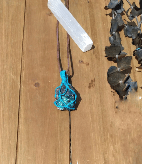Image of Peacock Pendant, Peacock Ore, Macrame Crystal Necklace, Blue Pendant, Crystal necklace