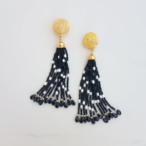 Vintage Earrings with Black Spinel & Pearl Tassels