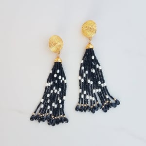 Vintage Earrings with Black Spinel & Pearl Tassels