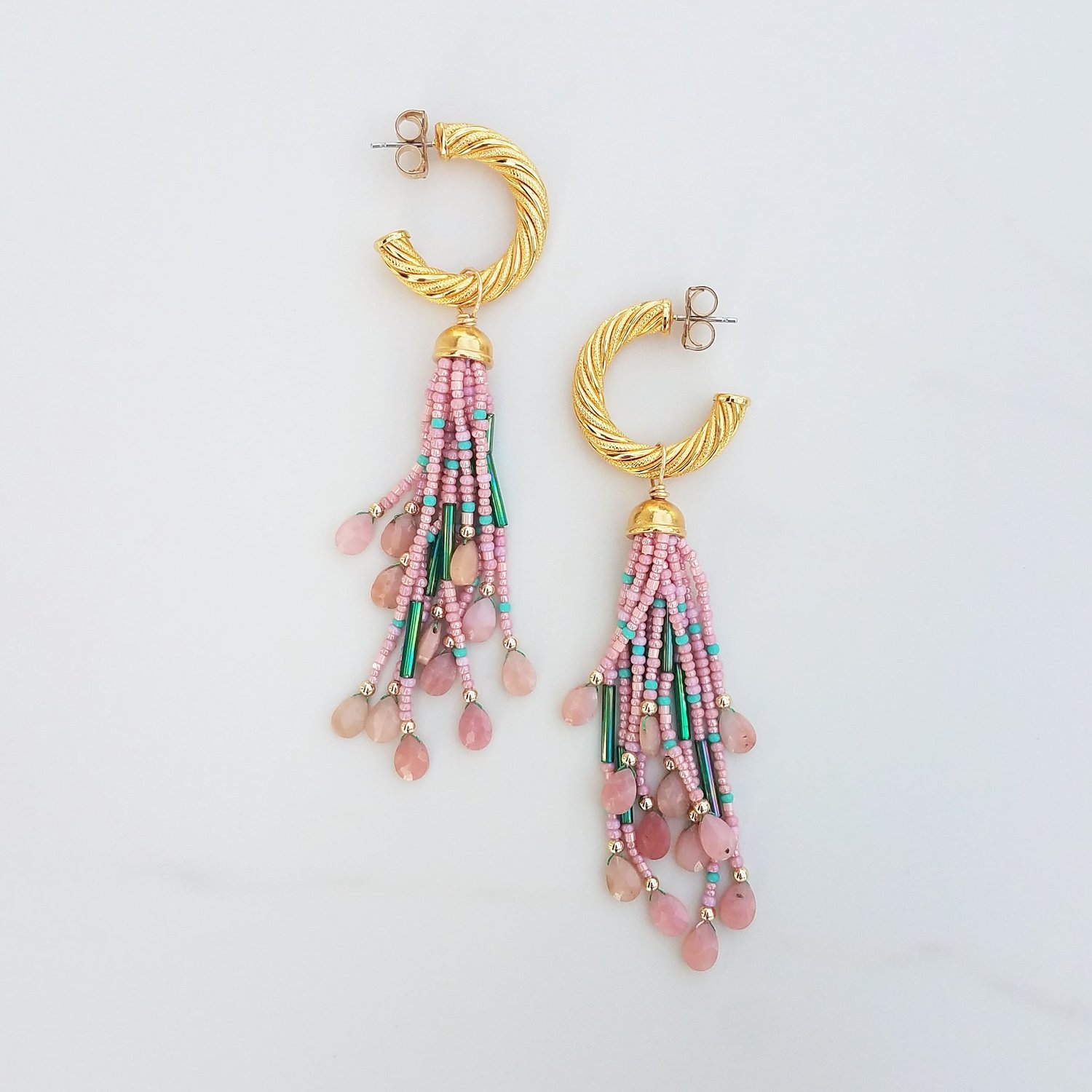 Vintage Hoop Pink Opal Tassel Earrings