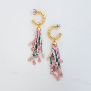 Vintage Hoop Pink Opal Tassel Earrings