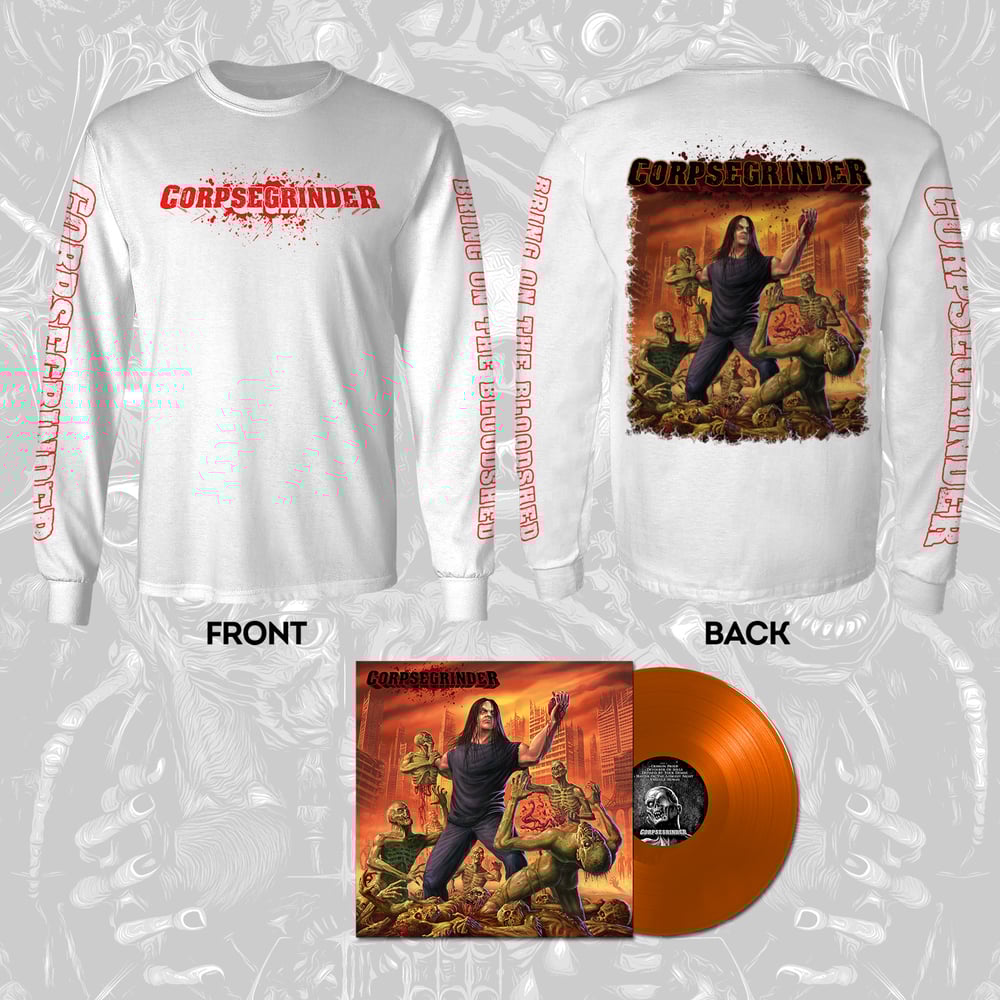 CORPSEGRINDER "ALBUM COVER" LONG SLEEVE SHIRT (WHITE) + SIGNED LP/CD BUNDLE