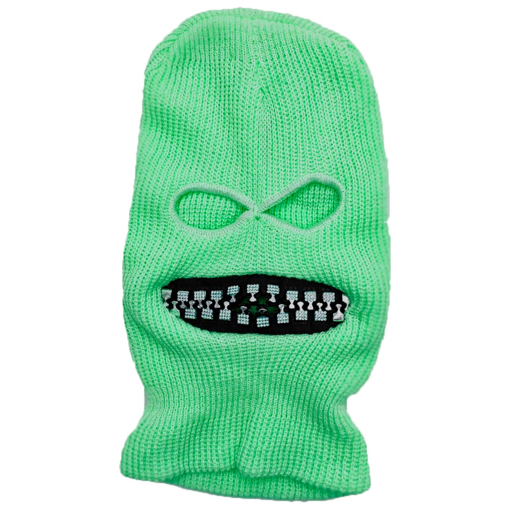 Image of Ski mask with oversized silver crystal BLING teeth zipper mouth grill mask 