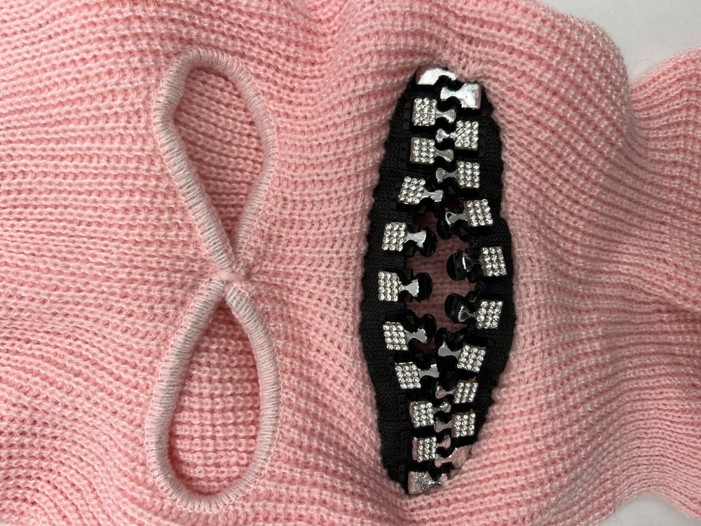 Image of Ski mask with oversized silver crystal BLING teeth zipper mouth grill mask 