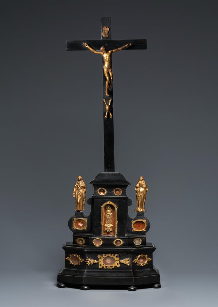 Image of An ebony wood and gilt bronze reliquary altar cross after Giambologna