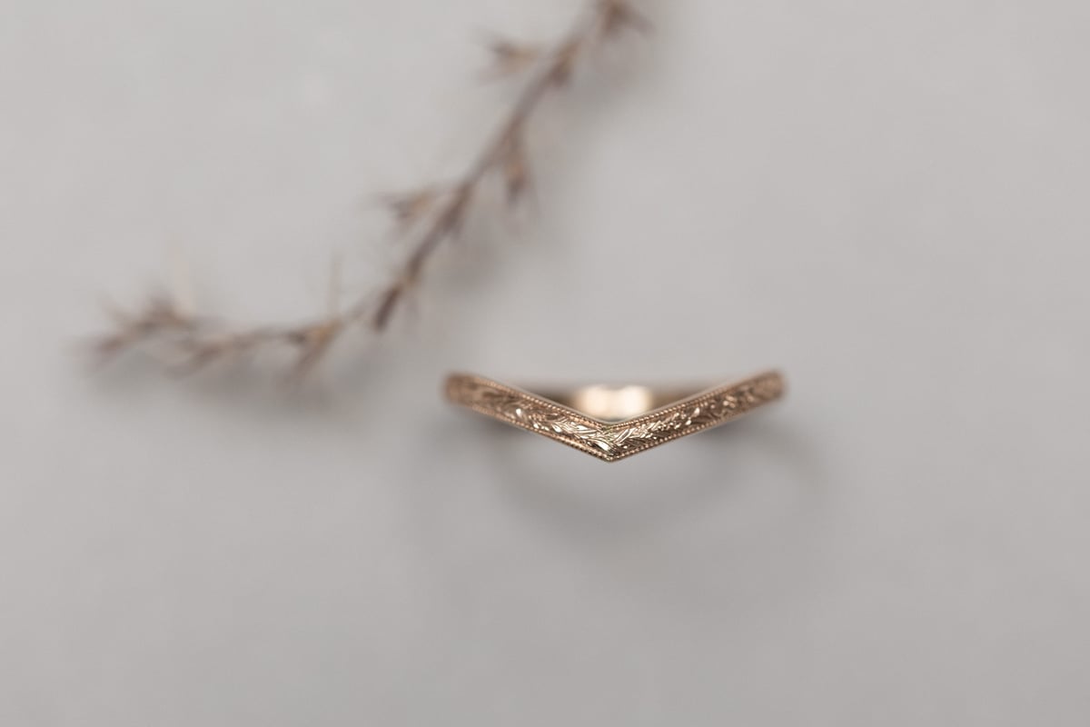 Image of 18ct Rose gold, 2mm flat court laurel leaf and milled edge engraved wishbone ring