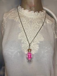 Image 4 of Pink Glitter Glass Skull Shaped Good Luck Gris Gris Necklace by Ugly Shyla 