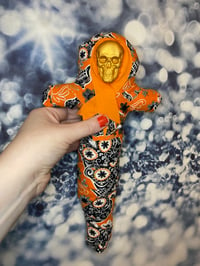 Image 3 of Orange and Gold Day Of The Dead Fabric Voodoo Doll For Good Luck by Ugly Shyla