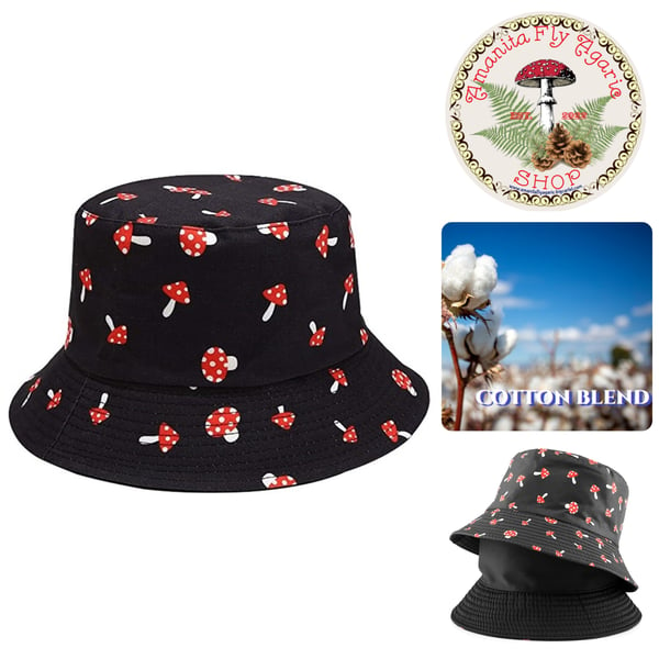 Image of 🍄 Amanita Reversible Unisex Bucket Cap / Hat - Red & Black - One Size - Cotton Blend