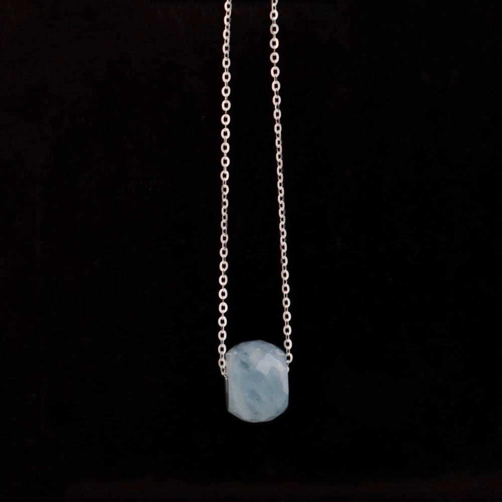 Image of Icy Blue Aquamarine faceted cut cube x silver chain necklace