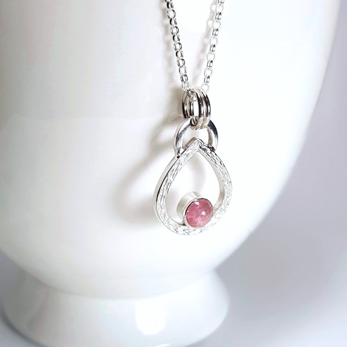Image of Pink Tourmaline Teardrop Necklace, Solid Sterling Silver Pendant, Handmade Recycled Silver Jewellery