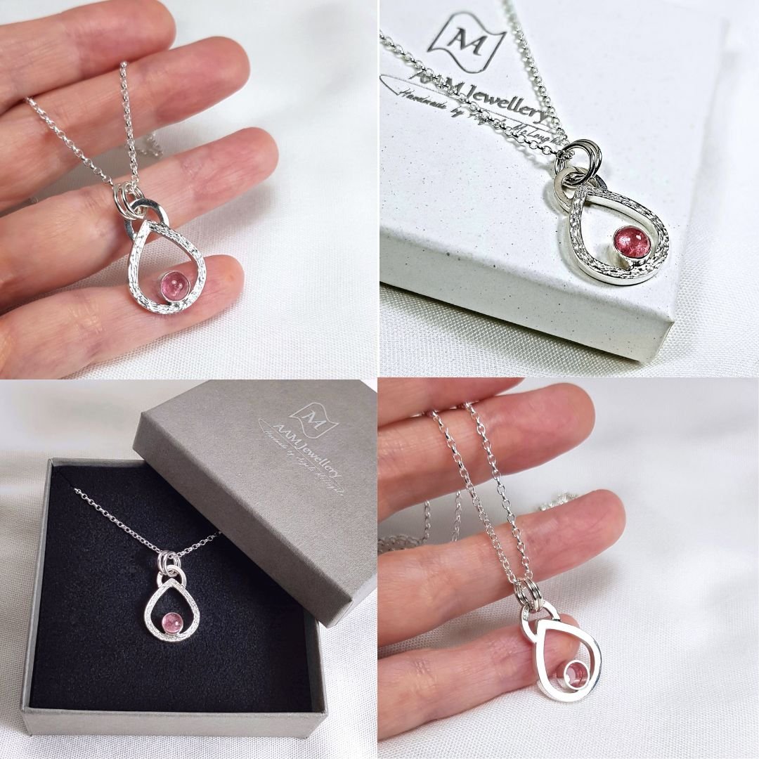 Image of Pink Tourmaline Teardrop Necklace, Solid Sterling Silver Pendant, Handmade Recycled Silver Jewellery