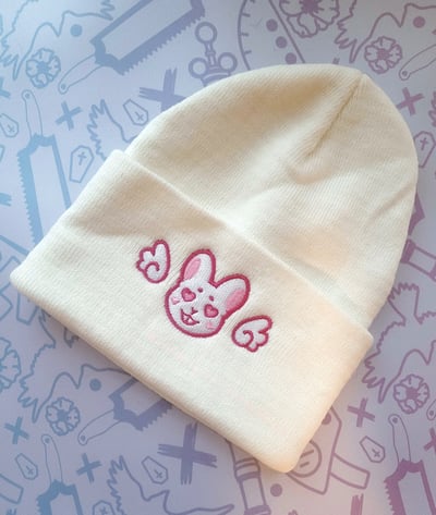 Image of Love Bunny Embroidered Cream Colored Acrylic Beanie