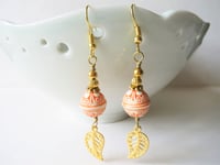Image 1 of Filigree Leaf Boho Earrings, Orange & Gold, Pierced or Clip On 