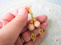 Image 3 of Filigree Leaf Boho Earrings, Orange & Gold, Pierced or Clip On 