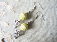 Image 2 of Filigree Leaf Boho Earrings, Lime & Silver, Pierced or Clip On