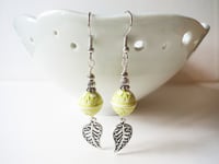 Image 1 of Filigree Leaf Boho Earrings, Lime & Silver, Pierced or Clip On