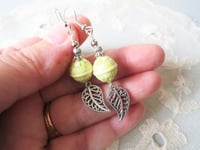 Image 3 of Filigree Leaf Boho Earrings, Lime & Silver, Pierced or Clip On