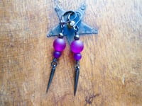 Image 4 of 80s New Wave Spike Earrings, Magenta & Gunmetal, Pierced or Clip On