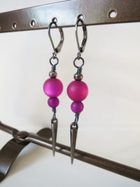 Image 3 of 80s New Wave Spike Earrings, Magenta & Gunmetal, Pierced or Clip On