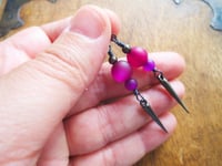 Image 2 of 80s New Wave Spike Earrings, Magenta & Gunmetal, Pierced or Clip On