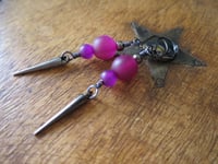 Image 6 of 80s New Wave Spike Earrings, Magenta & Gunmetal, Pierced or Clip On