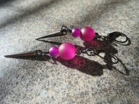 Image 5 of 80s New Wave Spike Earrings, Magenta & Gunmetal, Pierced or Clip On