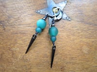 Image 7 of 80s New Wave Spike Earrings, Green & Gunmetal, Pierced or Clip On