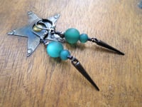 Image 5 of 80s New Wave Spike Earrings, Green & Gunmetal, Pierced or Clip On