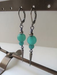 Image 3 of 80s New Wave Spike Earrings, Green & Gunmetal, Pierced or Clip On