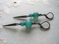 Image 6 of 80s New Wave Spike Earrings, Green & Gunmetal, Pierced or Clip On