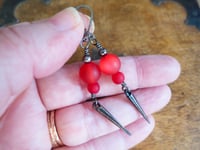 Image 2 of 80s New Wave Spike Earrings, Red & Gunmetal, Pierced or Clip On