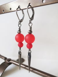 Image 3 of 80s New Wave Spike Earrings, Red & Gunmetal, Pierced or Clip On