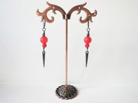 Image 6 of 80s New Wave Spike Earrings, Red & Gunmetal, Pierced or Clip On