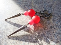 Image 5 of 80s New Wave Spike Earrings, Red & Gunmetal, Pierced or Clip On