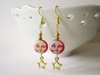 Image 6 of Moon and Stars Celestial Earrings, Red & Gold, Pierced or Clip On