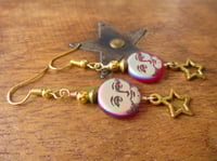 Image 4 of Moon and Stars Celestial Earrings, Red & Gold, Pierced or Clip On