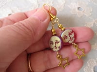 Image 3 of Moon and Stars Celestial Earrings, Red & Gold, Pierced or Clip On