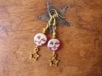 Image 2 of Moon and Stars Celestial Earrings, Red & Gold, Pierced or Clip On