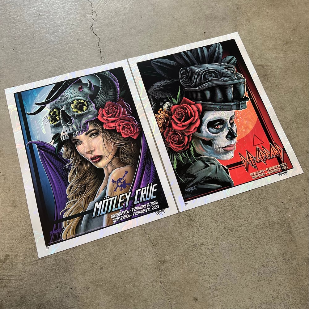 Image of Motley Crue and Def Leppard Mexico White Swirl Foil Posters